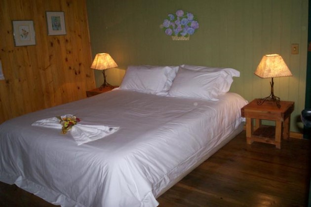 Imagem de uma cama de casal branca com duas luminárias uma em cada lado da cama e uma parede verde de fundo.